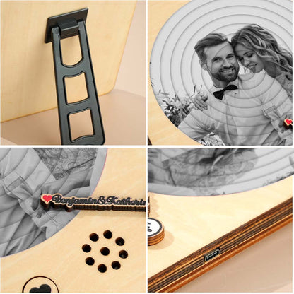 Alternative angle of custom photo record player with engraved text — personalised anniversary keepsake for couples