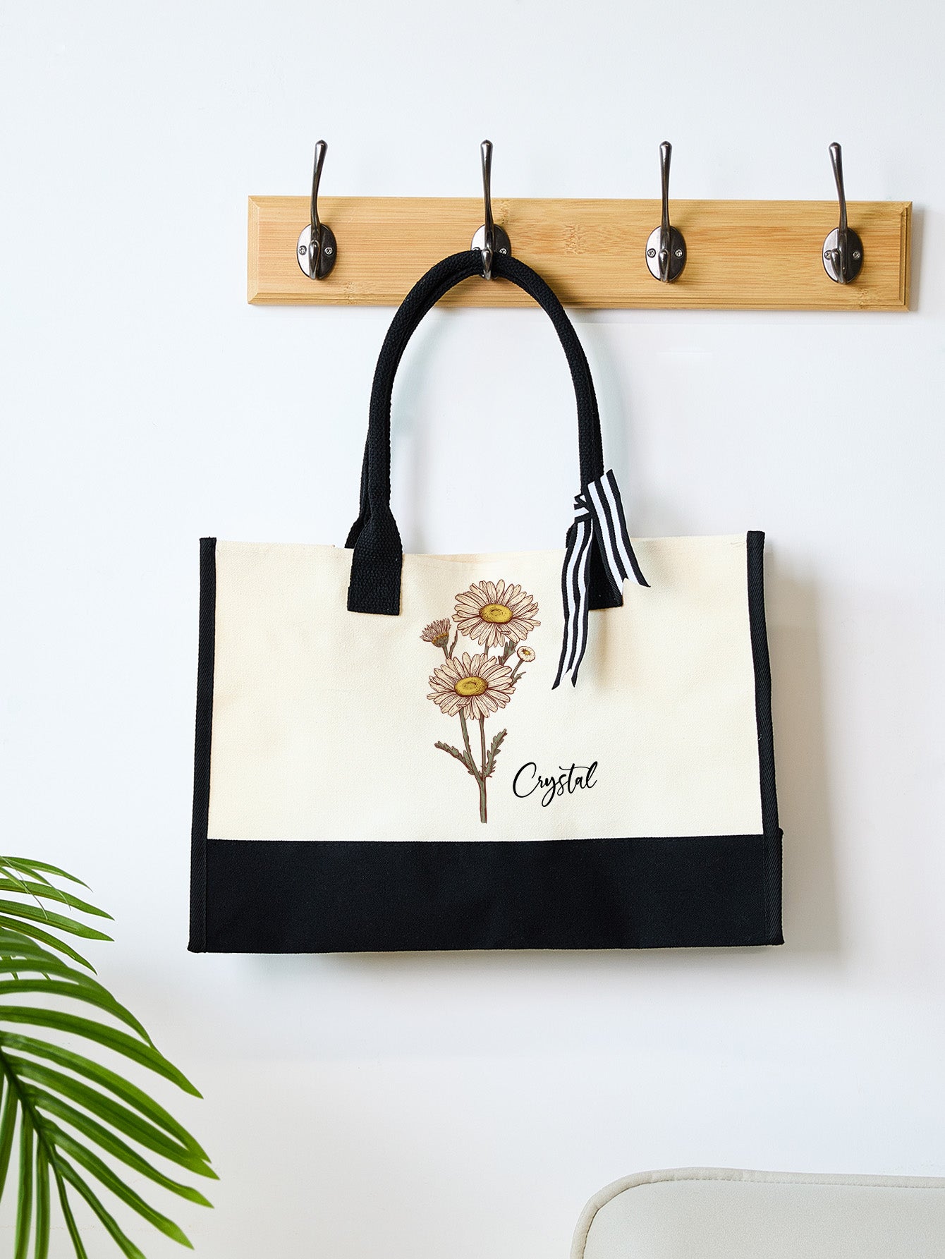 Personalised canvas tote styled flat lay with flowers and wedding stationery perfect as a personalised bridesmaid tote or wedding favour