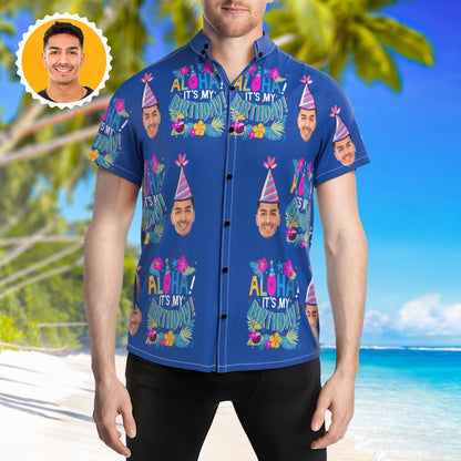 Blue personalised face Hawaiian shirt showing a custom photo and text — men's summer short-sleeve button-up with lapel collar, ideal personalised face gift for birthdays and Father's Day