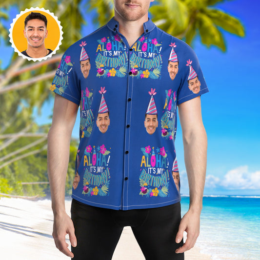 Blue personalised face Hawaiian shirt showing a custom photo and text — men's summer short-sleeve button-up with lapel collar, ideal personalised face gift for birthdays and Father's Day