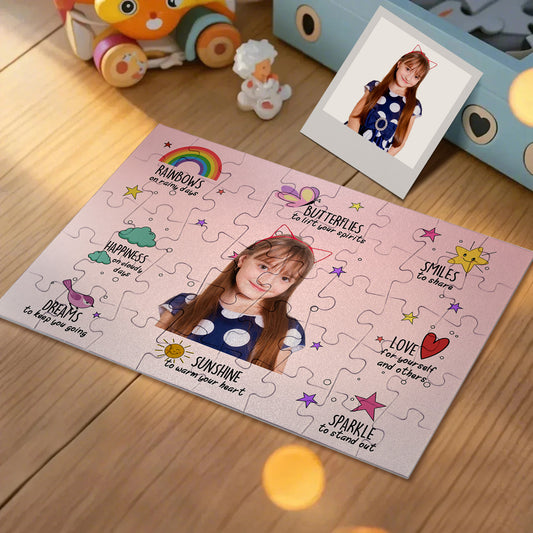 Personalised photo jigsaw puzzle showing a child's portrait with a prayer-themed design on paper – prayer keepsake gift for kids