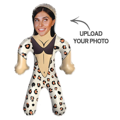 Side view of the personalised blow up doll with a custom face for party fun.