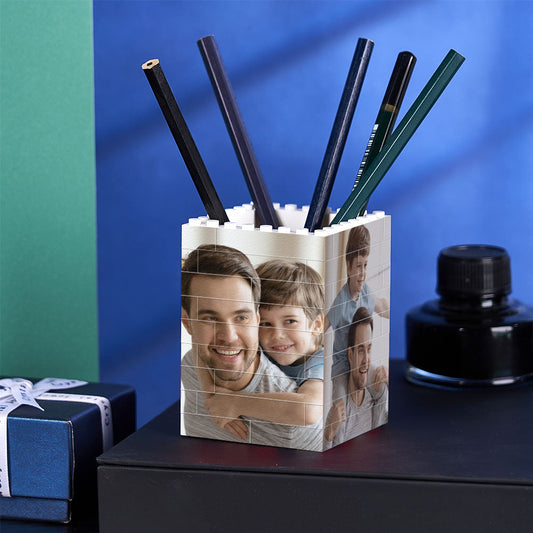 Close-up of personalised photo building block pen holder showing smooth edges, four-sided custom photo printing and compact 8.8 x 6.4 x 6.4 cm size — perfect custom brick gift for desks