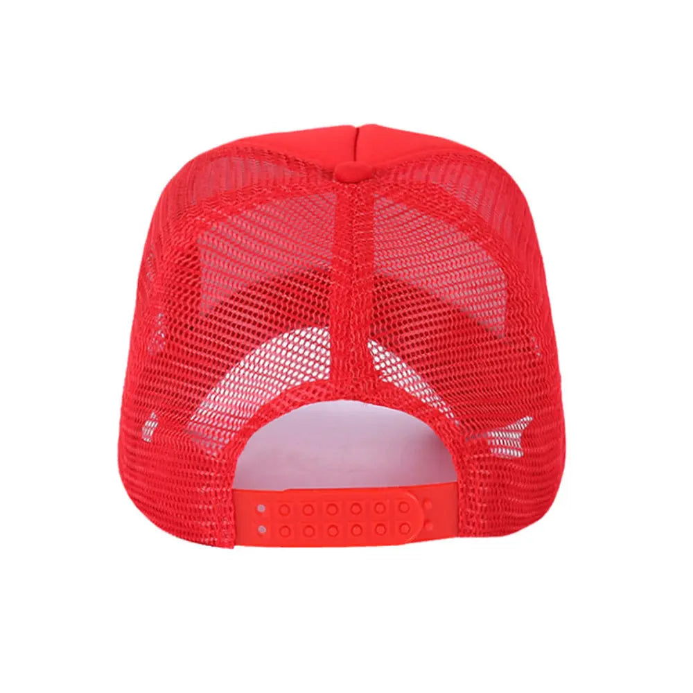 Side profile of a personalised puff print trucker hat highlighting the structured front, durable polyester and plastic snapback for one-size-fits-most