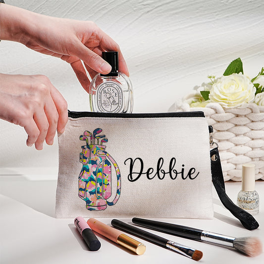 Personalised golf make-up bag front view — canvas cosmetics pouch with golf‑bag motif and custom name, ideal travel make-up bag for golfers