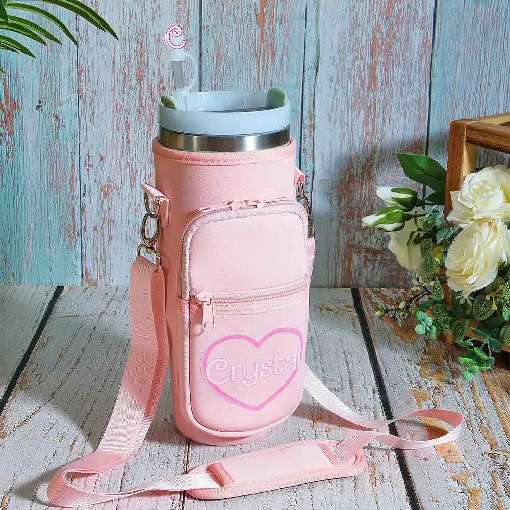 Personalized Water Bottle Carrier Bag for 40oz Stanley Tumbler with Straw Topper Pouch Gift for Her