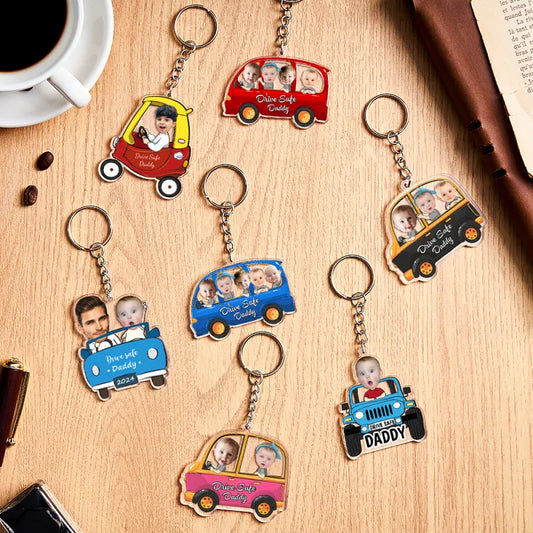 Personalised 'Drive Safe' acrylic car keyring for Dad — close-up of custom engraving and family silhouette, ideal Father's Day gift