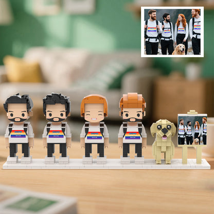 Personalised brick-style figures — framed custom full-body family of four plus dog, handcrafted from eco-friendly ABS; ideal anniversary & birthday gift