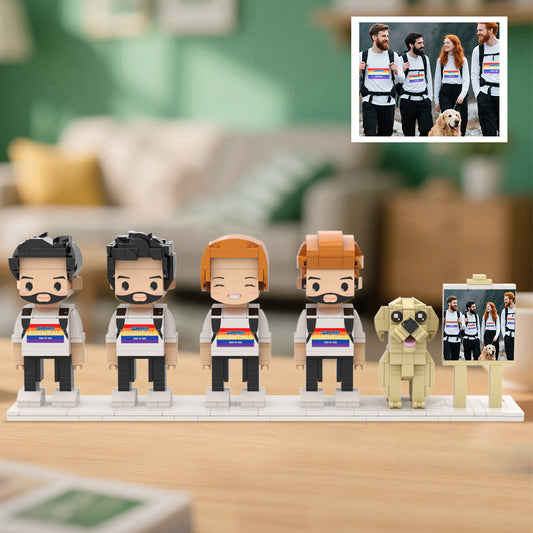 Personalised brick-style figures — framed custom full-body family of four plus dog, handcrafted from eco-friendly ABS; ideal anniversary & birthday gift