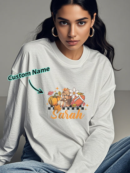 Flat lay of personalised name Halloween long-sleeve T-shirt – perfect custom name Halloween gift for friends and family