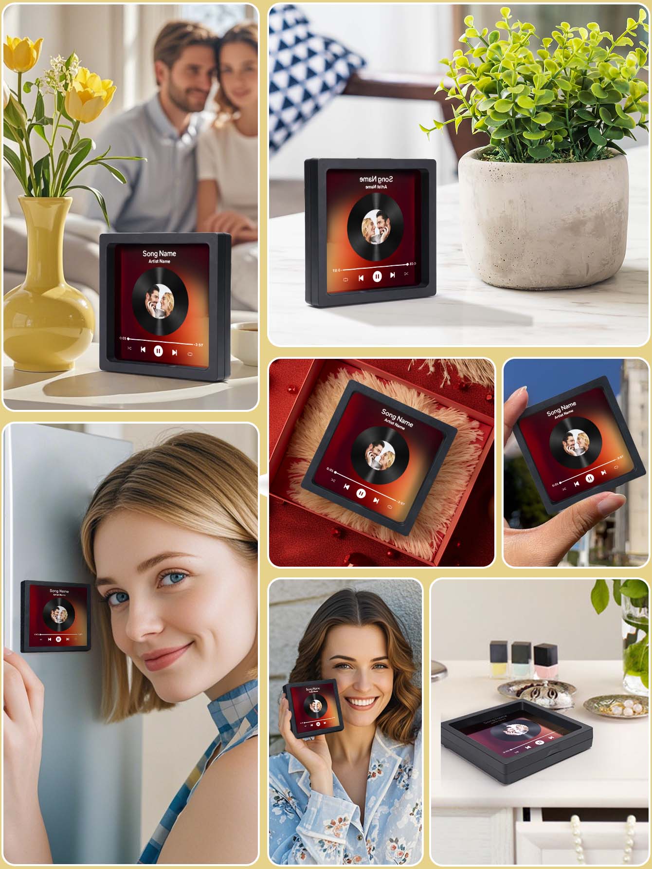 Back view of personalised vinyl record fridge magnet revealing strong magnetic backing and durable plastic construction ideal personalised gift