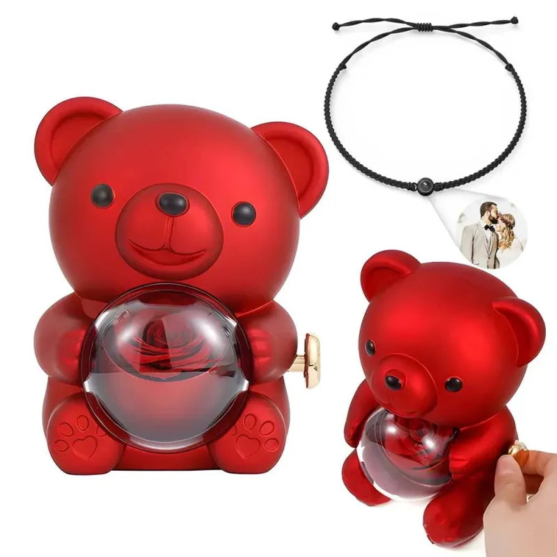 Personalised photo projection bracelet paired with rose bear giftbox – romantic Valentine's Day personalised keepsake gift set