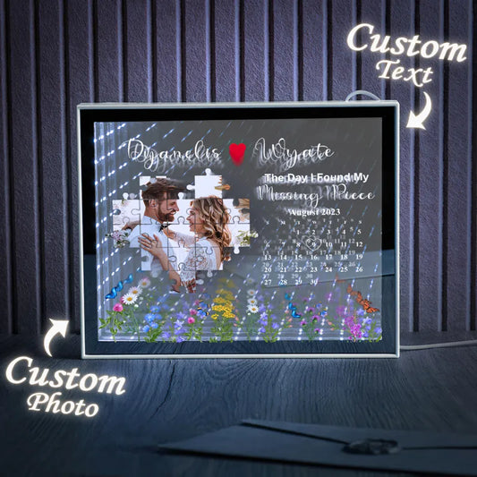 Personalised LED Photo Light Frame showing engraved couple portrait with warm LED glow — ideal custom couple gift