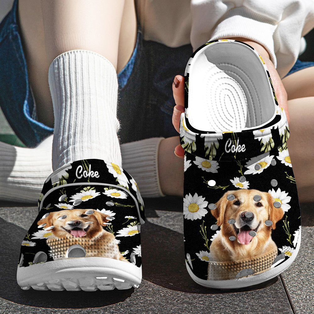 Side view of personalised pet portrait clog highlighting lightweight rubber sole and casual slip-on fit with printed pet photo and name