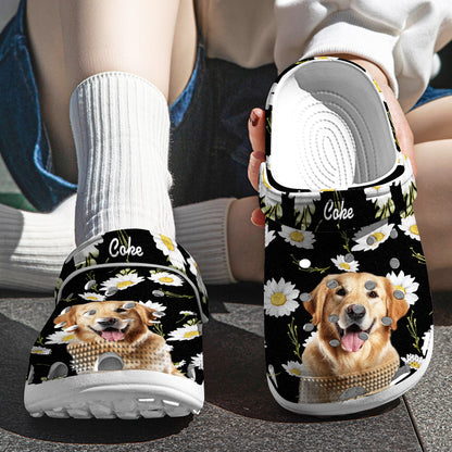 Side view of personalised pet portrait clog highlighting lightweight rubber sole and casual slip-on fit with printed pet photo and name