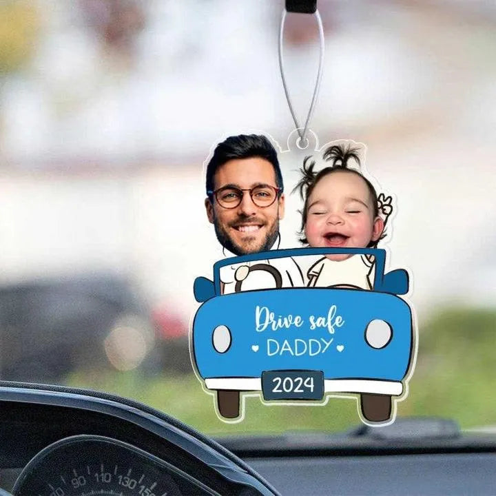 Personalised 'Drive Safe Daddy' acrylic car hanger shown on a rear-view mirror with red ribbon – lightweight, durable 3mm acrylic and colourful UV print ideal as a personalised gift for dad