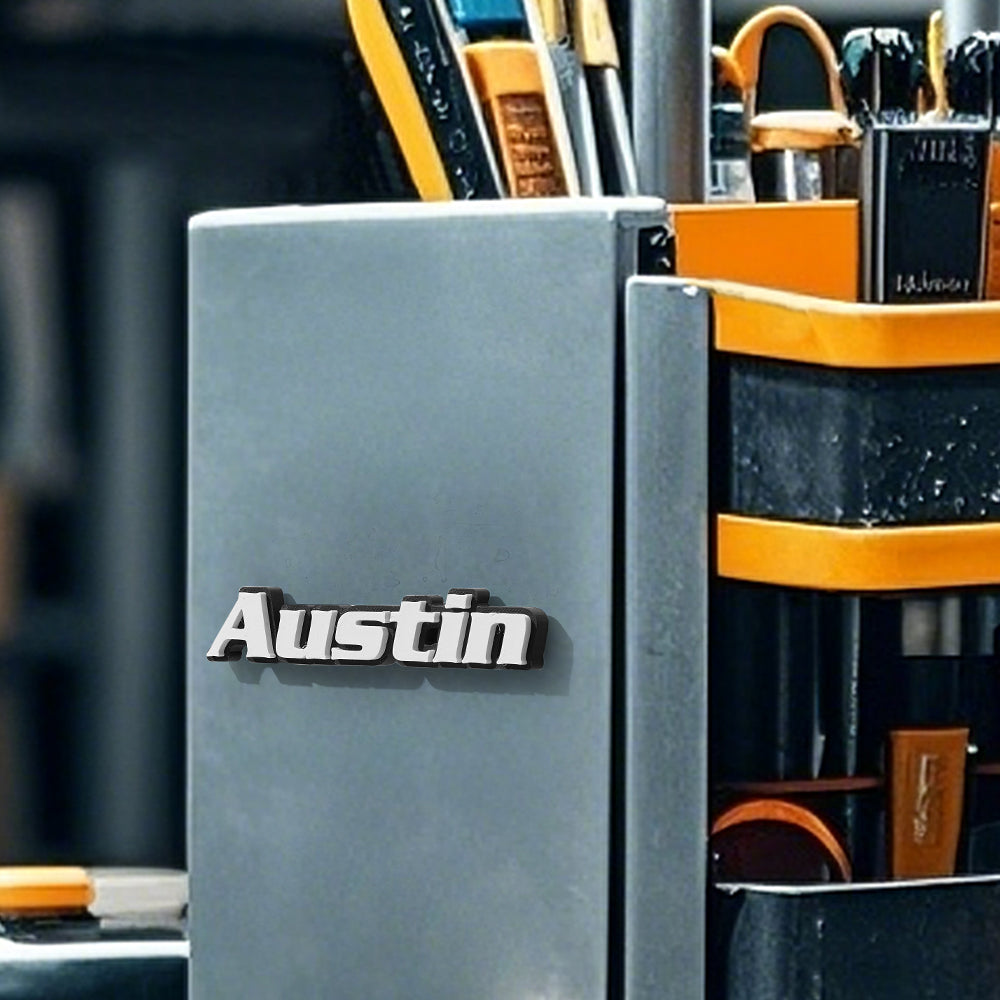 Side view of a custom 3D name magnet attached to a tool cabinet, highlighting compact design and strong magnet – practical personalised toolbox label for mechanics and DIYers