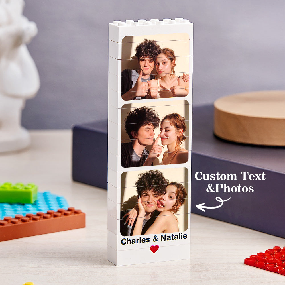 Personalised Photo Building Block Brick Puzzle displayed on a surface with a crisp custom photo print — unique personalised photo gift for lovers and anniversaries