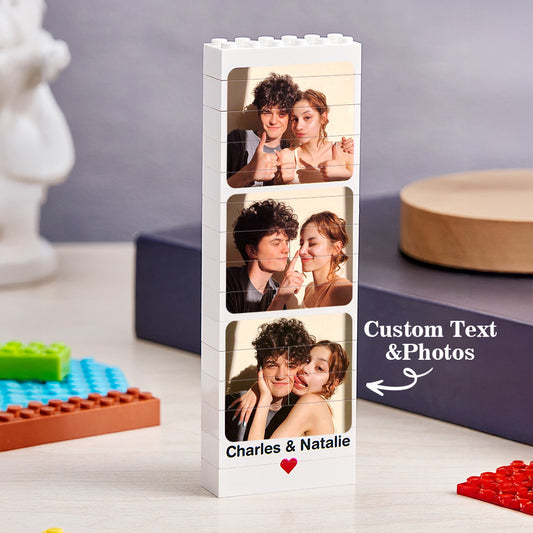 Personalised Photo Building Block Brick Puzzle displayed on a surface with a crisp custom photo print — unique personalised photo gift for lovers and anniversaries
