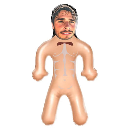 Inflatable man doll posed for photos at a party, featuring custom face printing on PVC.