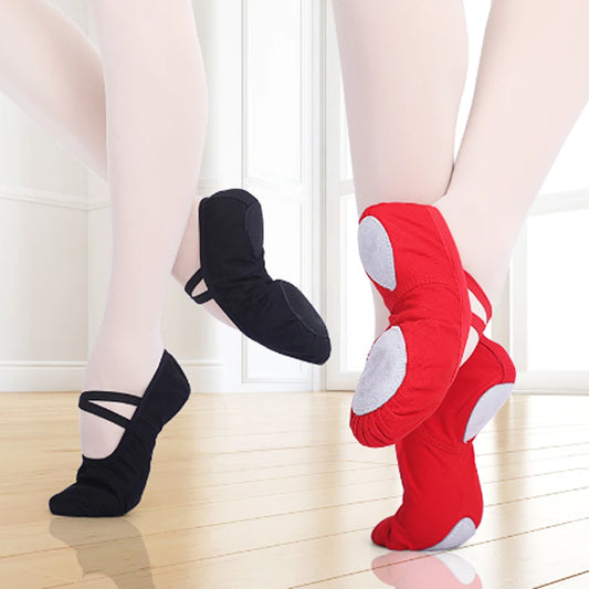 Canvas split sole ballet shoes close up showing breathable canvas upper and soft split sole ideal for children and adults for dance gymnastics and yoga practice