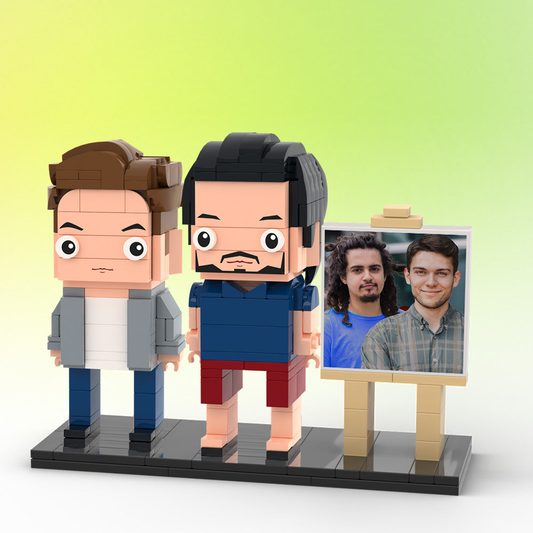 Personalised 2‑person brick figure photo frame — full‑body custom miniatures made from ABS eco‑friendly bricks, bespoke couple keepsake display
