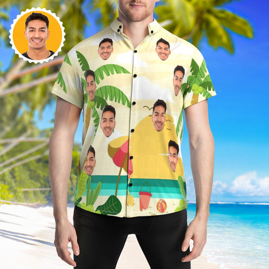 Front view of Custom Hawaiian Shirt with personalised face photo print on vibrant tropical pattern for holiday beach parties