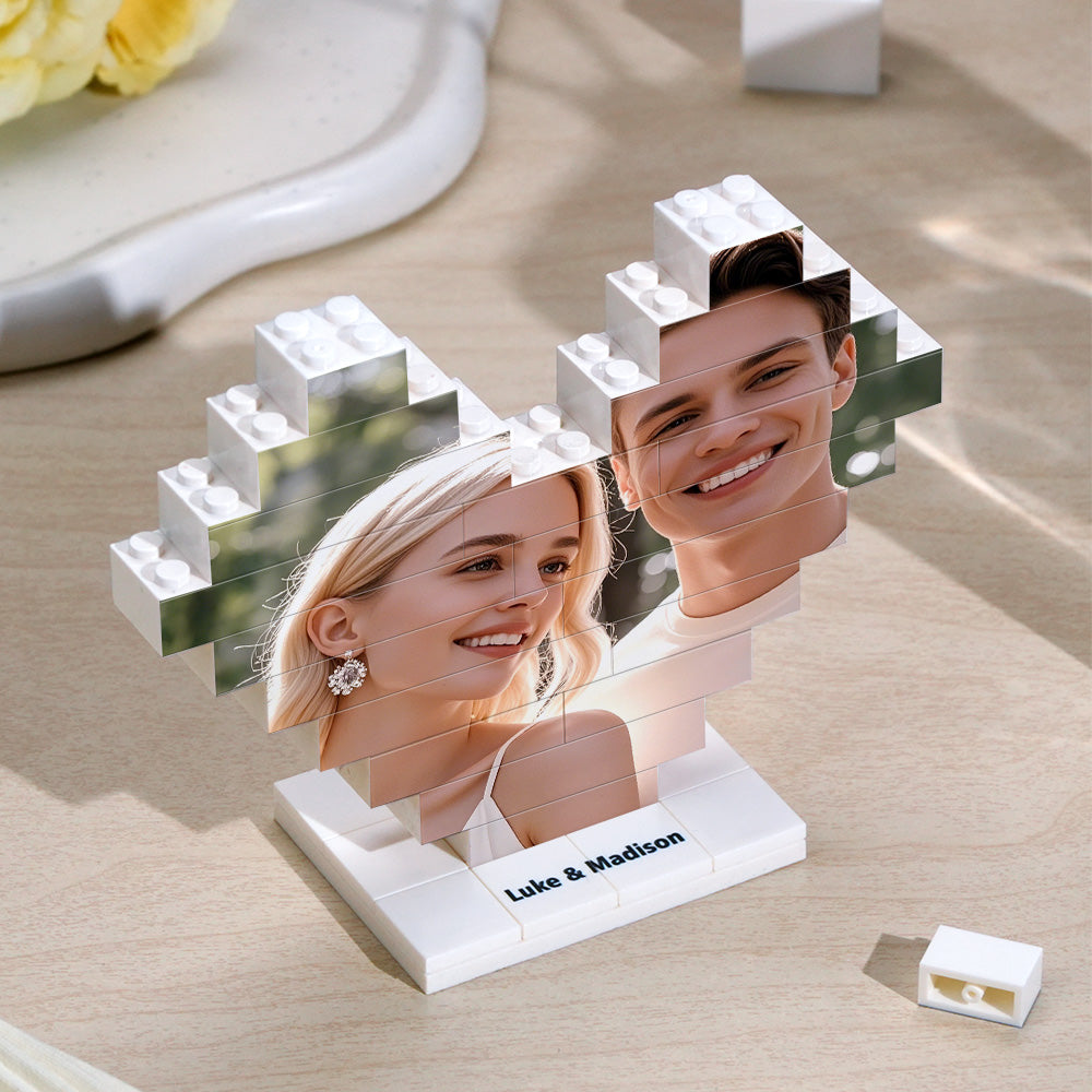 Close-up of personalised heart photo brick on its stand showing high-quality print detail and durable plastic finish — ideal personalised keepsake gift