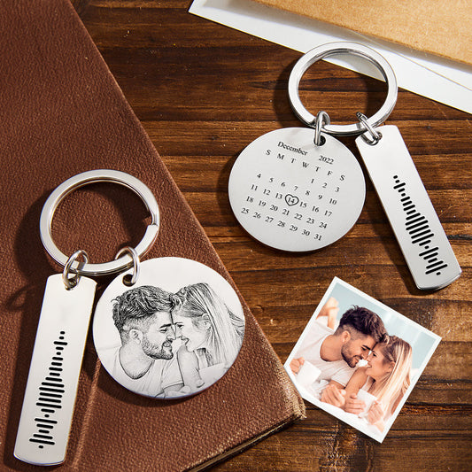 Personalised engraved stainless steel keyring showing round photo pendant, engraved calendar bar and scannable Spotify music code with a polished finish
