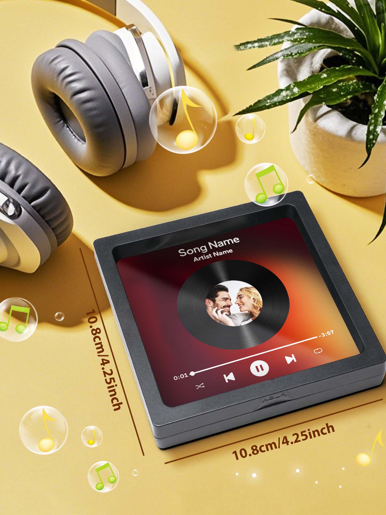 Hand-held personalised photo vinyl record fridge magnet showing compact W10.8×H10.8×T2 cm size perfect for sentimental keepsakes and party favours