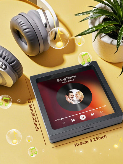 Hand-held personalised photo vinyl record fridge magnet showing compact W10.8×H10.8×T2 cm size perfect for sentimental keepsakes and party favours