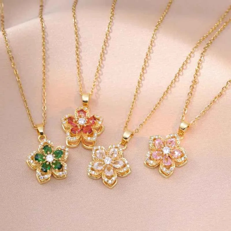 Floral Birthstone Necklace Lotus Flower Gemstone Necklace with Rotating Crystal Flower