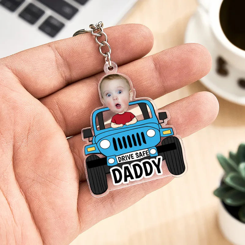 Lifestyle image of personalised Drive Safe keyring hanging from car keys — sentimental custom car keychain for Dad