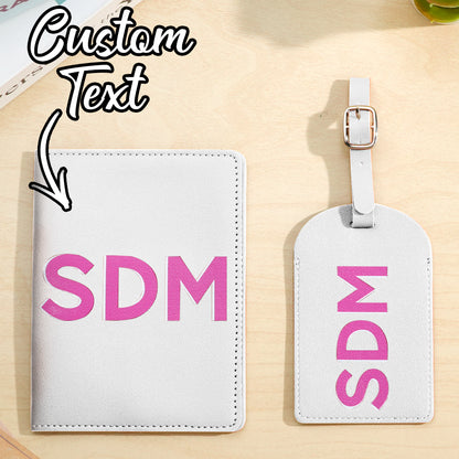 Set of personalised travel accessories displayed as a gift set — shadow monogram passport holder and luggage tag for bridesmaid gifts