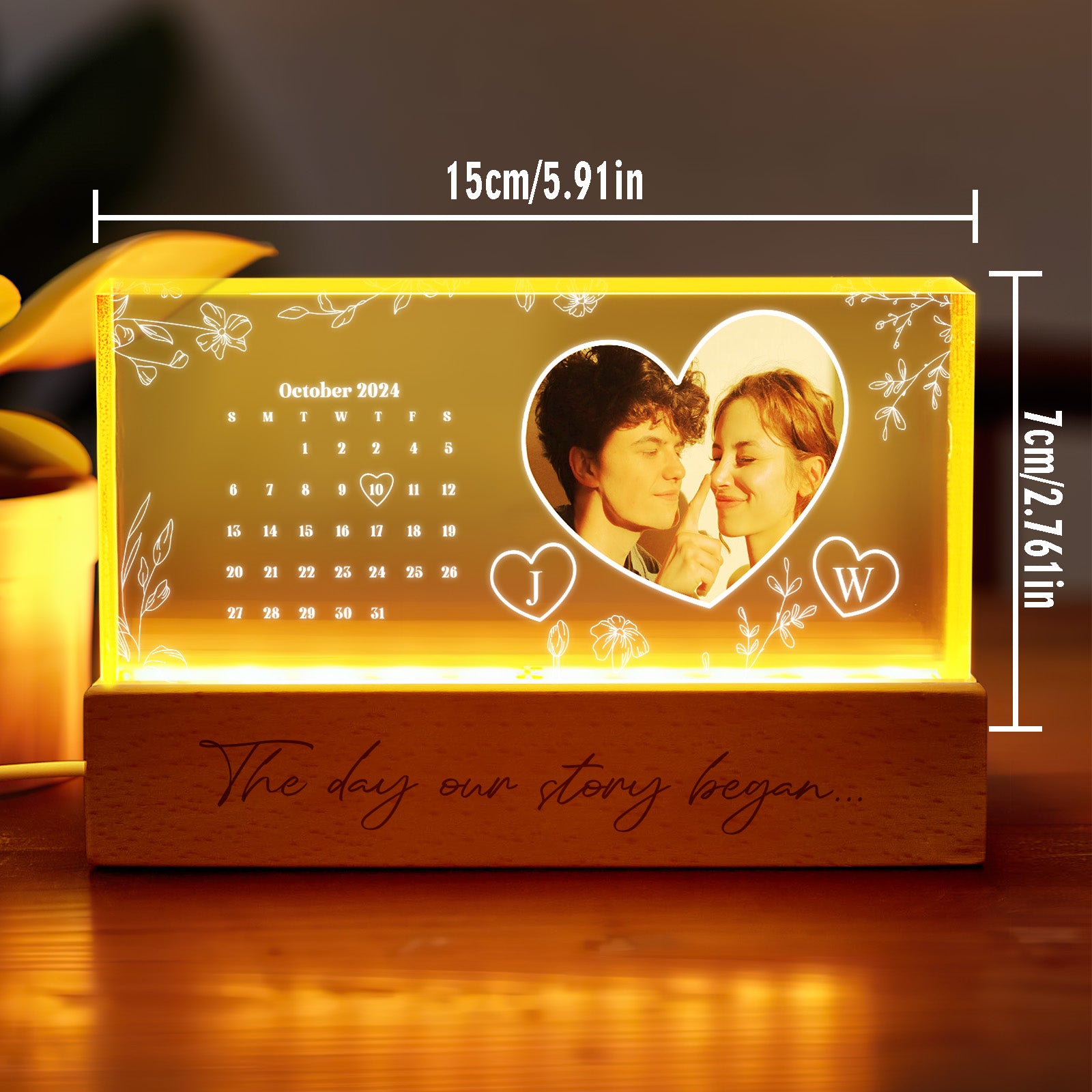 Lit personalised photo night light glowing warmly on a bedside table – custom calendar design, low-voltage LED ambient lamp for romantic evenings