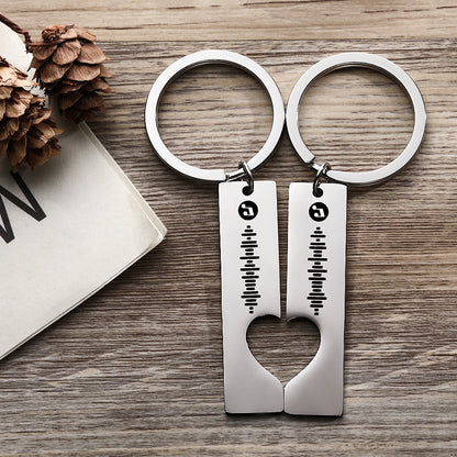 Custom Music Code Keychain set of 2 in stainless steel with engraved scannable song code — premium personalised music keychains