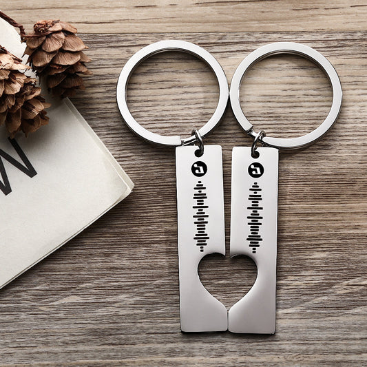 Custom Music Code Keychain set of 2 in stainless steel with engraved scannable song code — premium personalised music keychains