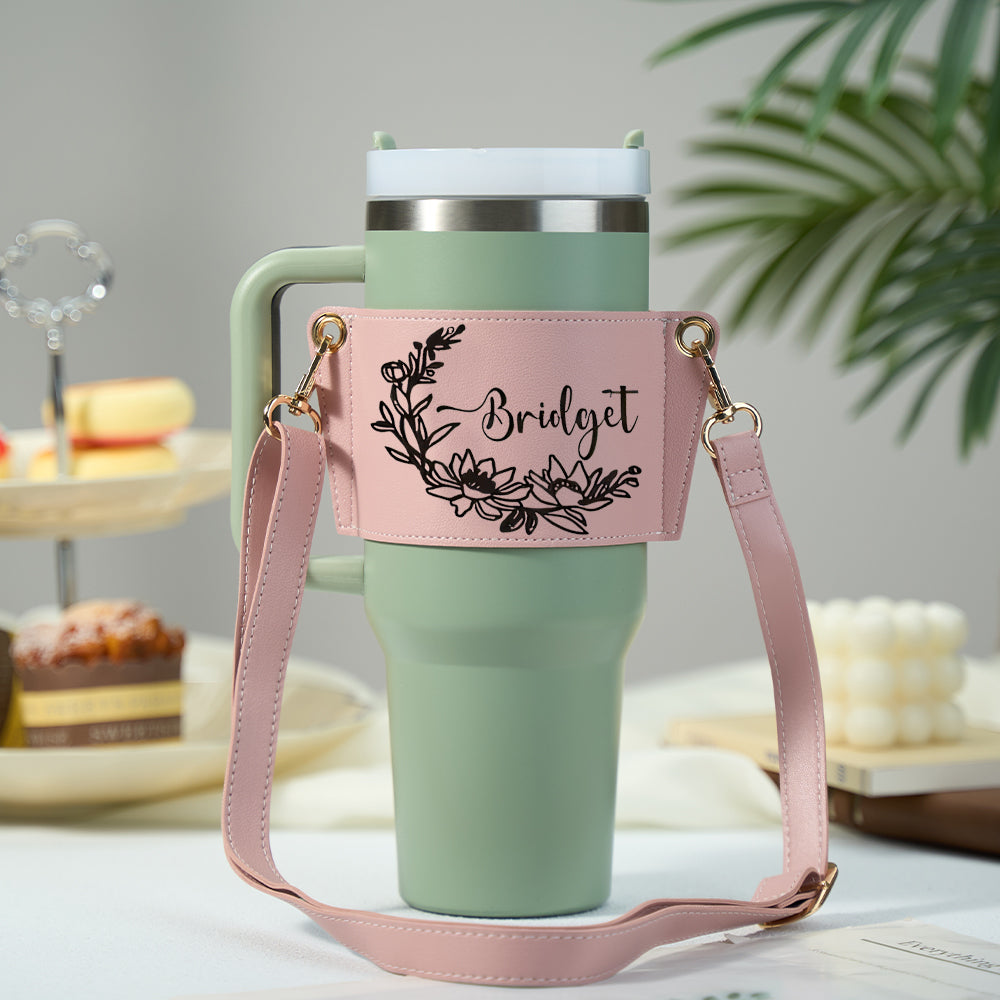 Close up of personalised name text on floral 40oz Stanley tumbler carrier bag showing customisation option