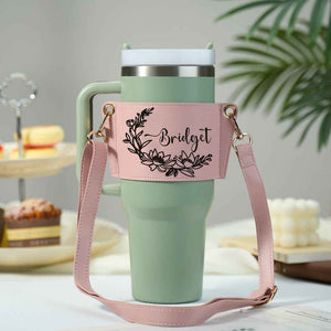 Personalized Floral Pattern Water Bottle Carrier Bag with Adjustable Strap for 40oz Stanley Tumbler Gift for Her