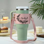 Close up of personalised name text on floral 40oz Stanley tumbler carrier bag showing customisation option