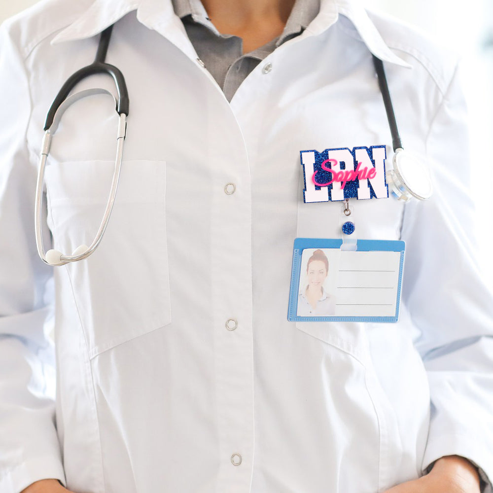 Personalised Glitter ID Badge Reel with Name - Custom Acrylic Badge Holder for Nurses & Doctors