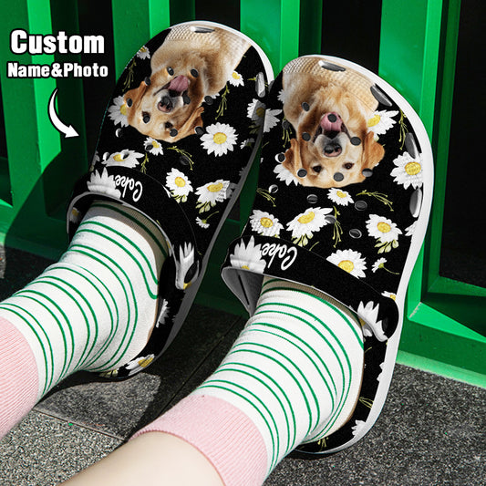Top view of personalised pet portrait clogs showing a funny pet face print and customised name — comfy slip-on pet slippers