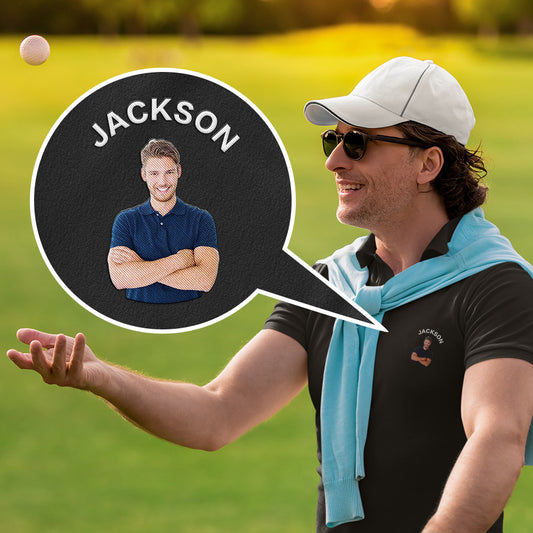 Main view of custom men's short-sleeve golf polo in black — breathable 100% polyester performance polo with lapel collar, personalised embroidered or heat-transfer logo option