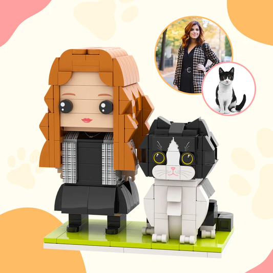 Personalised full-body brick figure made from a favourite photo — custom mini figure from photo with personalised hairstyle, facial features and patterned clothing