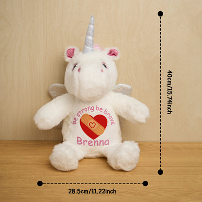 Rear view of personalised unicorn birth announcement teddy displaying customised text on the belly, a thoughtful baby gift