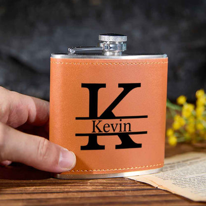 Personalized Leather Flask Stainless Steel 6oz Whiskey Flask Gift for Men