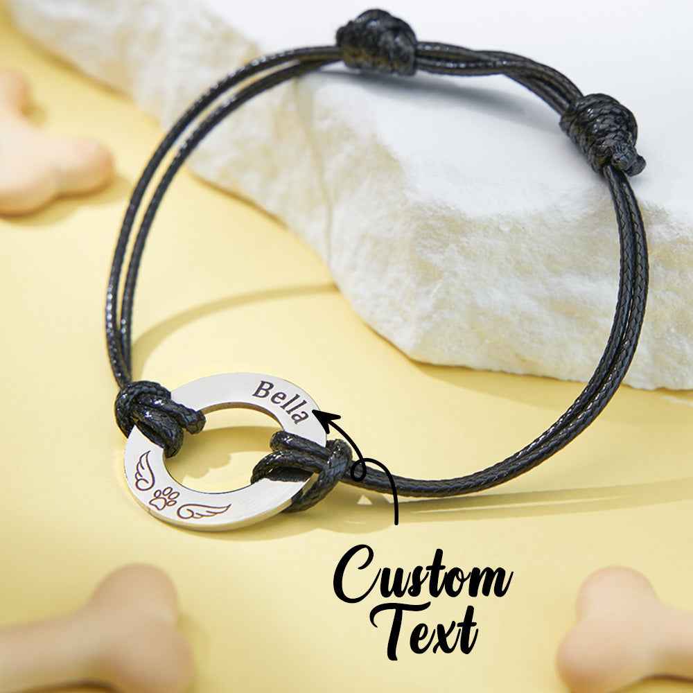 Personalized Engraved Angel Wings Pet Paw Print PU Leather Rope Bracelet Memorial Gift for Pet Lovers