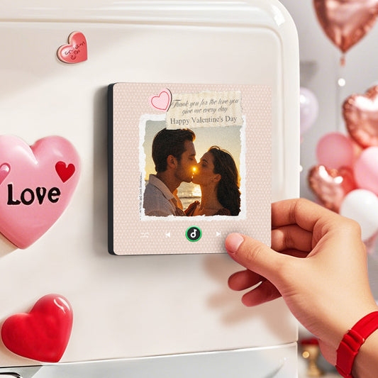 Front view of Personalised Frameless Music Fridge Magnet — frameless heart acrylic with custom photo and engraved text, rechargeable keepsake (10cm × 10cm × 1cm)