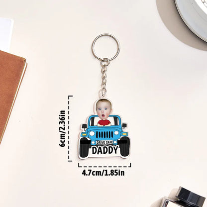 Personalised 'Drive Safe' keyring with father and child silhouette — custom acrylic car keychain keepsake for Dad