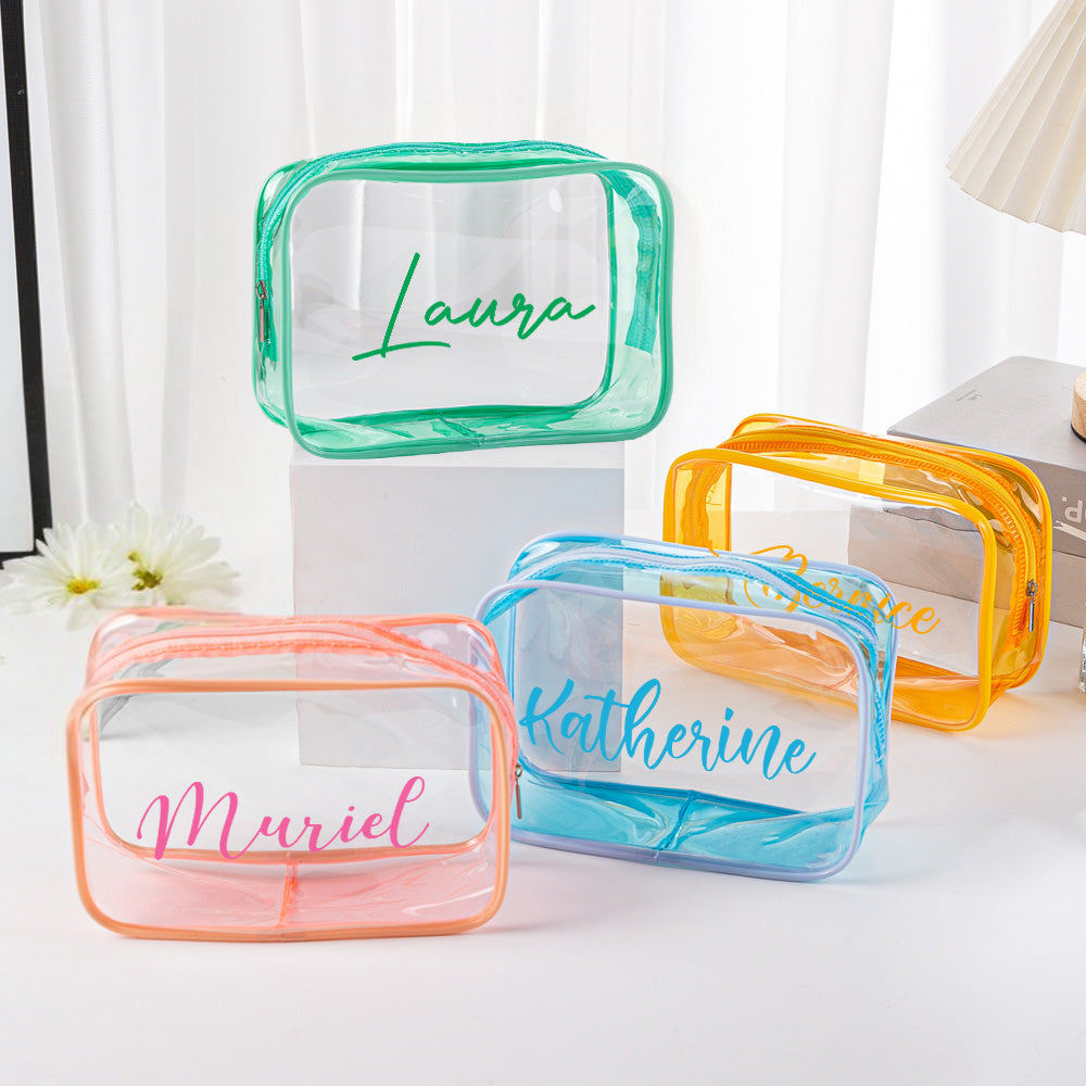 Personalised clear makeup bag – waterproof PVC cosmetic pouch with custom name, transparent travel toiletry organiser